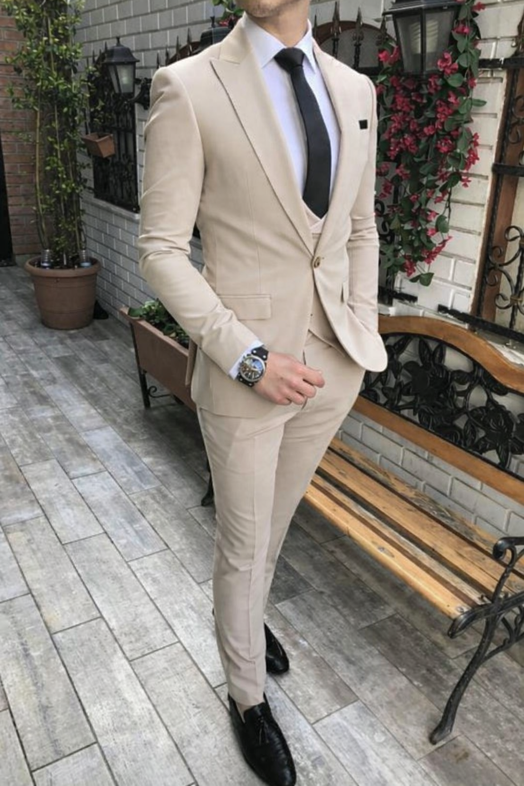 Costume 3 pièces homme – Beige Élégant Coupe Slim