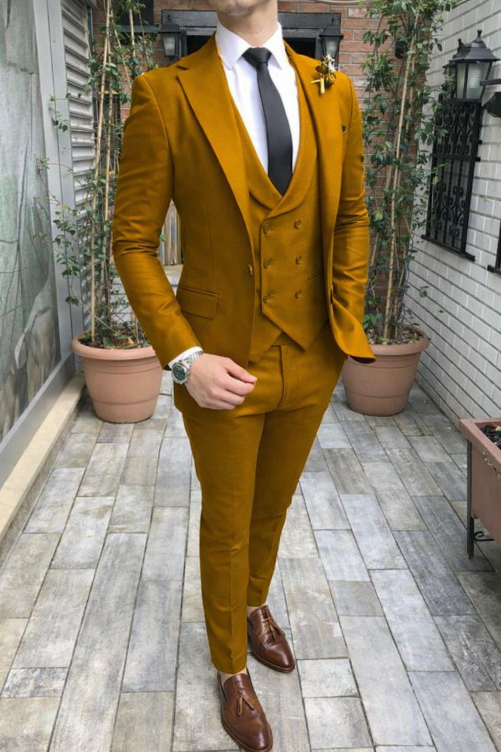 Costume 3 pièces homme – Orange/Moutarde Coupe Slim Élégant